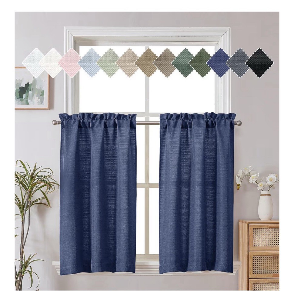 2 Blue Curtains 30 Inch Length Faux Linen Textured Small Cafe Curtains 30” X 30”