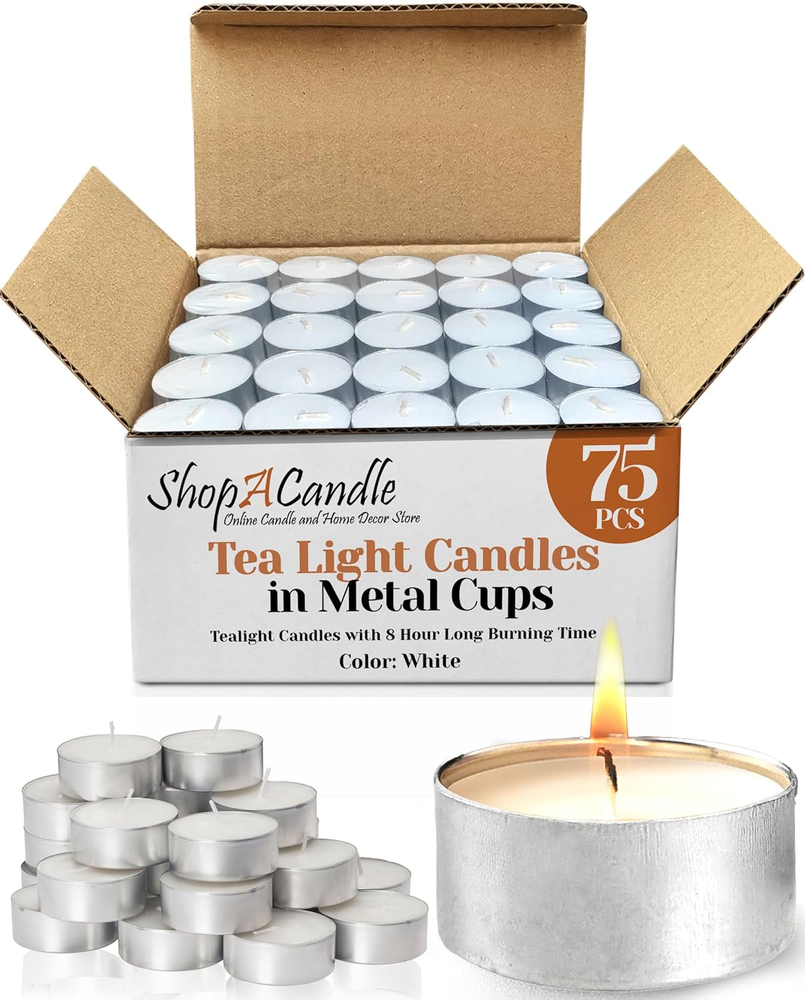 Tealight Candles in Metal Cups Clean White Unscented 8 Hour Burn Time  