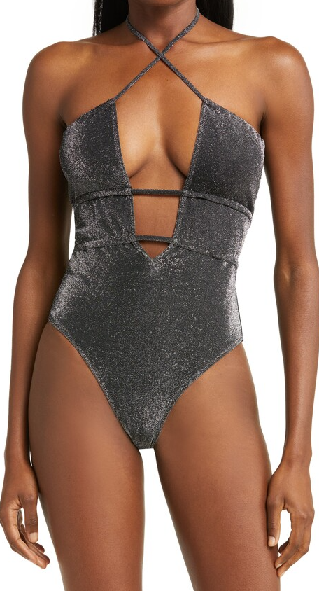 $238 Ramy Brook Marta plunge front one piece Swimsuit - Medium -Black Shimmer