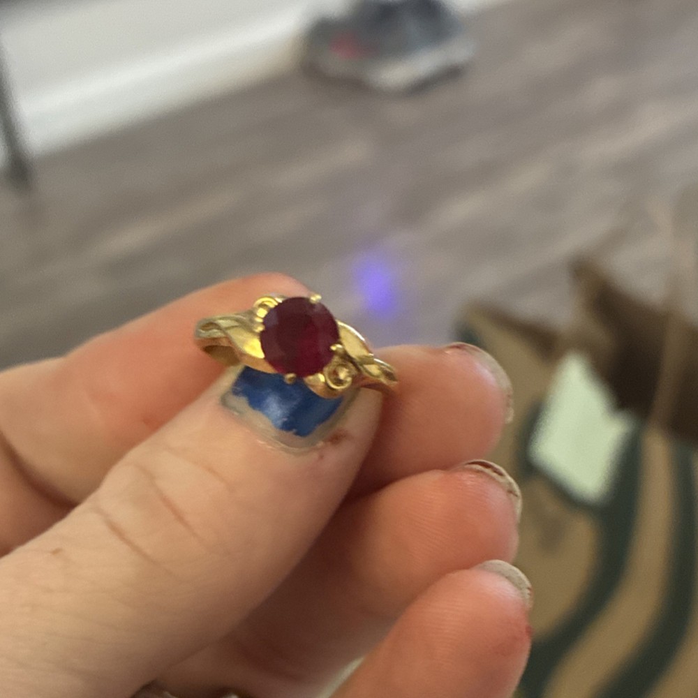 Yellow Gold Ring with Round Red Ruby Gemstone Solitaire Prong Setting, One Stone