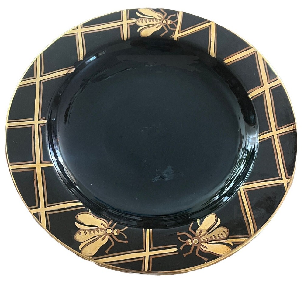 Vintage Original Laurie Gates Hand Painted Black Lacquered Gold Plate USA 1996