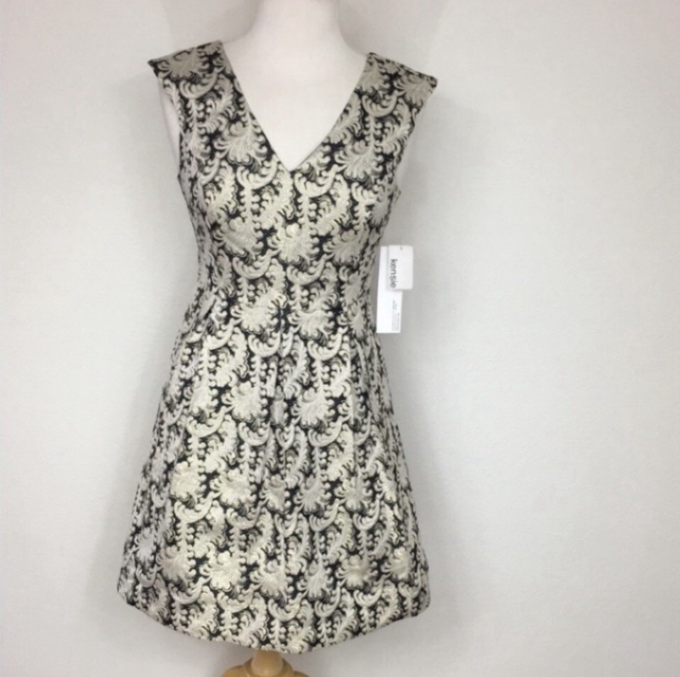 New Kensie Womens Black Cream Brocade Metallic Fit & Flare Mini Dress Size Small
