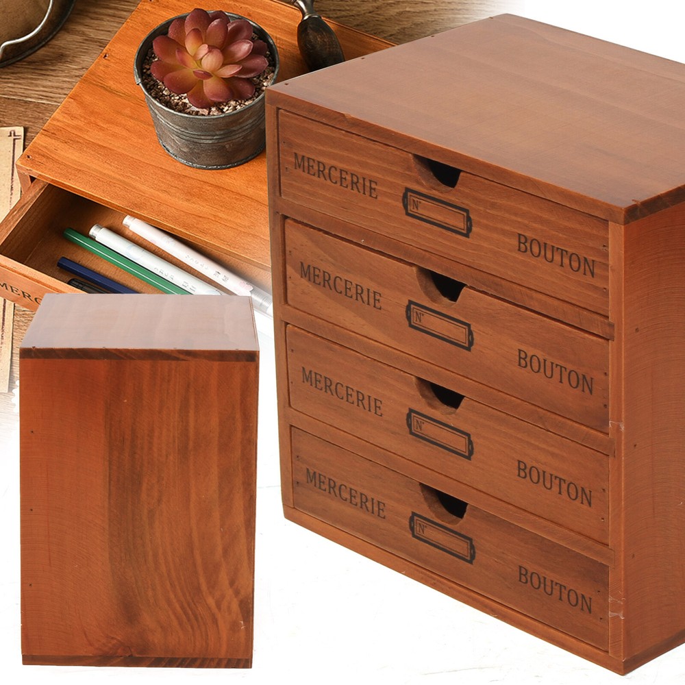 Desktop Jewelry Organizer Vintage Wooden Storage Box with 4 Layers Drawers Case