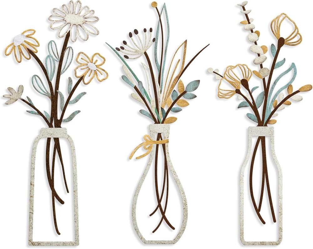 3 Pieces Metal Flowers Wall Arts - Rustic Farmhouse Decor Beige Minimalist Flowe