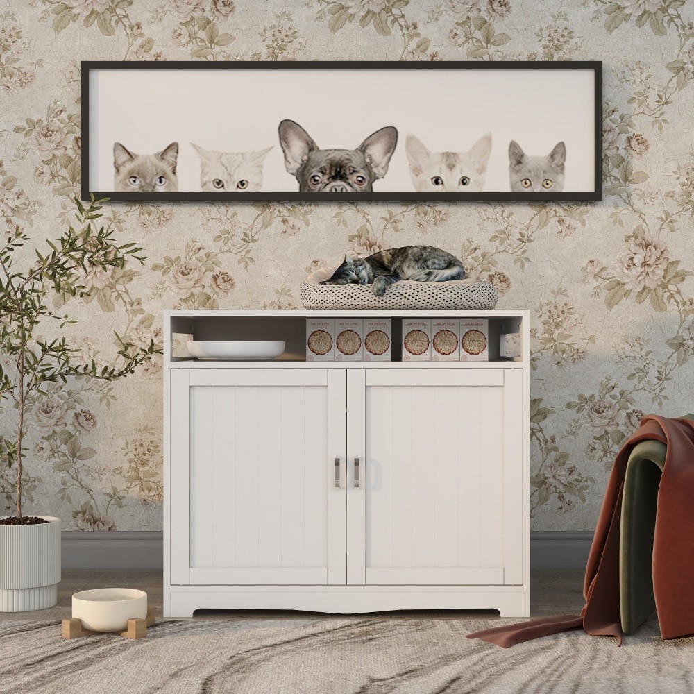 Cat Litter Box Enclosure with Hidden Slot and Dual-Door Design