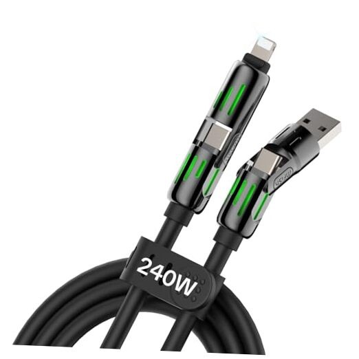 240W 4-in-1 USB C Fast Charging Cable 6.6Ft for iPhone 16 15 14 Black