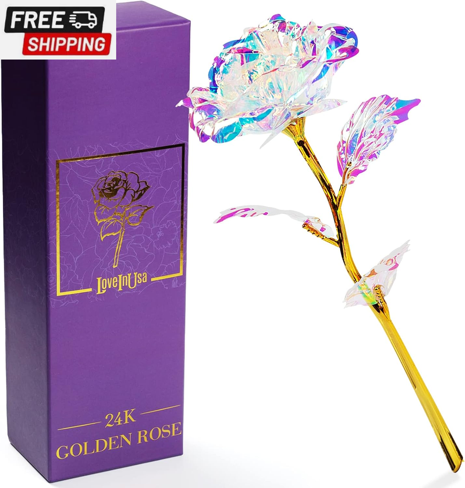 Rainbow Rose Flower for Women Romantic Gifts, Colorful Glass Rose for Wife,Thank