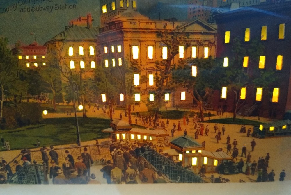 Vintage Hold-to-Light Postcard NYC City Hall Park & Subway Station HTL Antique