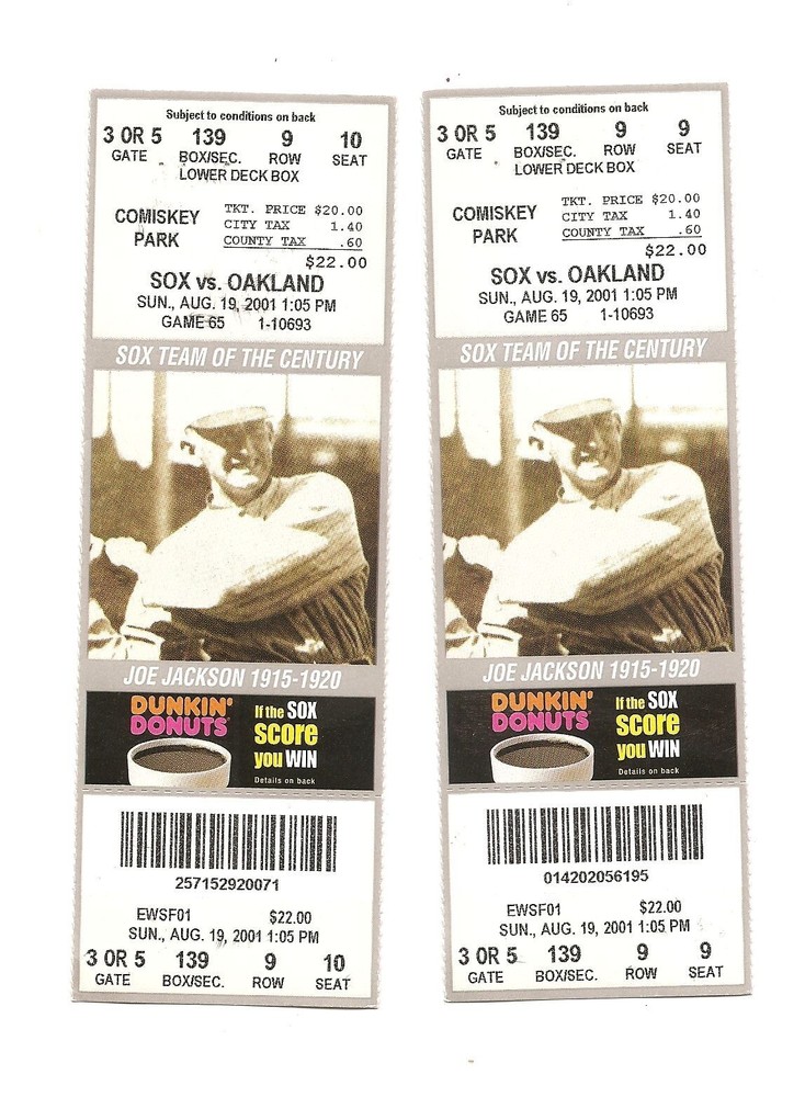 Chicago White Sox vs Oakland A's unused Baseball Tickets from 8/19/2001