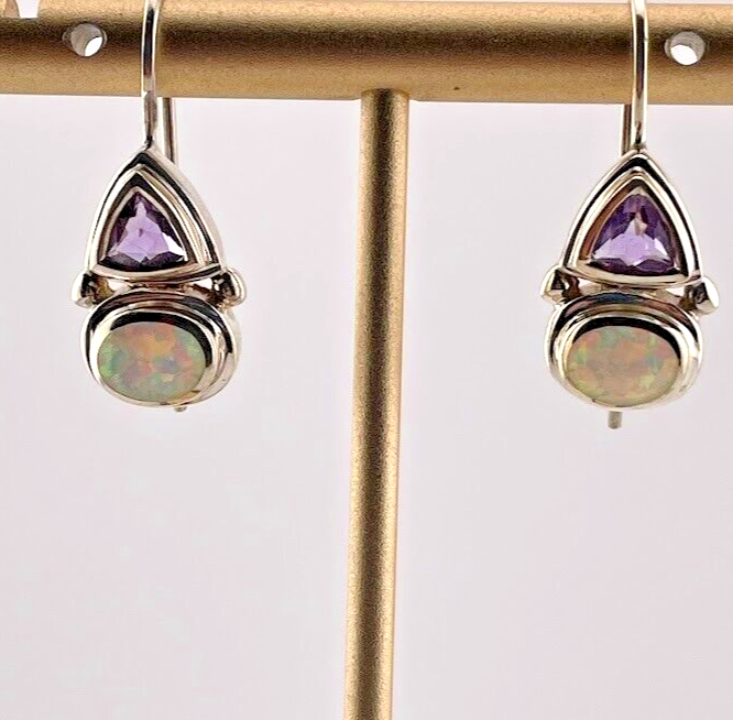 MF 925 STERLING SILVER WHITE OPAL TRILION AMETHYST DROP EARRINGS 1