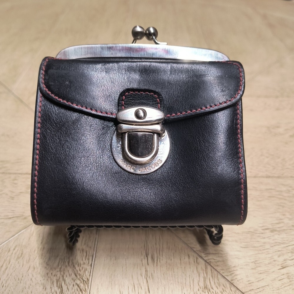 Vintage Marc Jacobs Wallet Coin Purse Black Leather Red Contrast Stitch Y2K