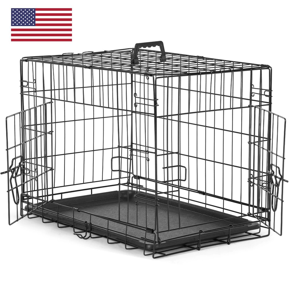 Double Door Foldable Metal Wire Dog Crate with Leak-Proof Plastic Tray-image