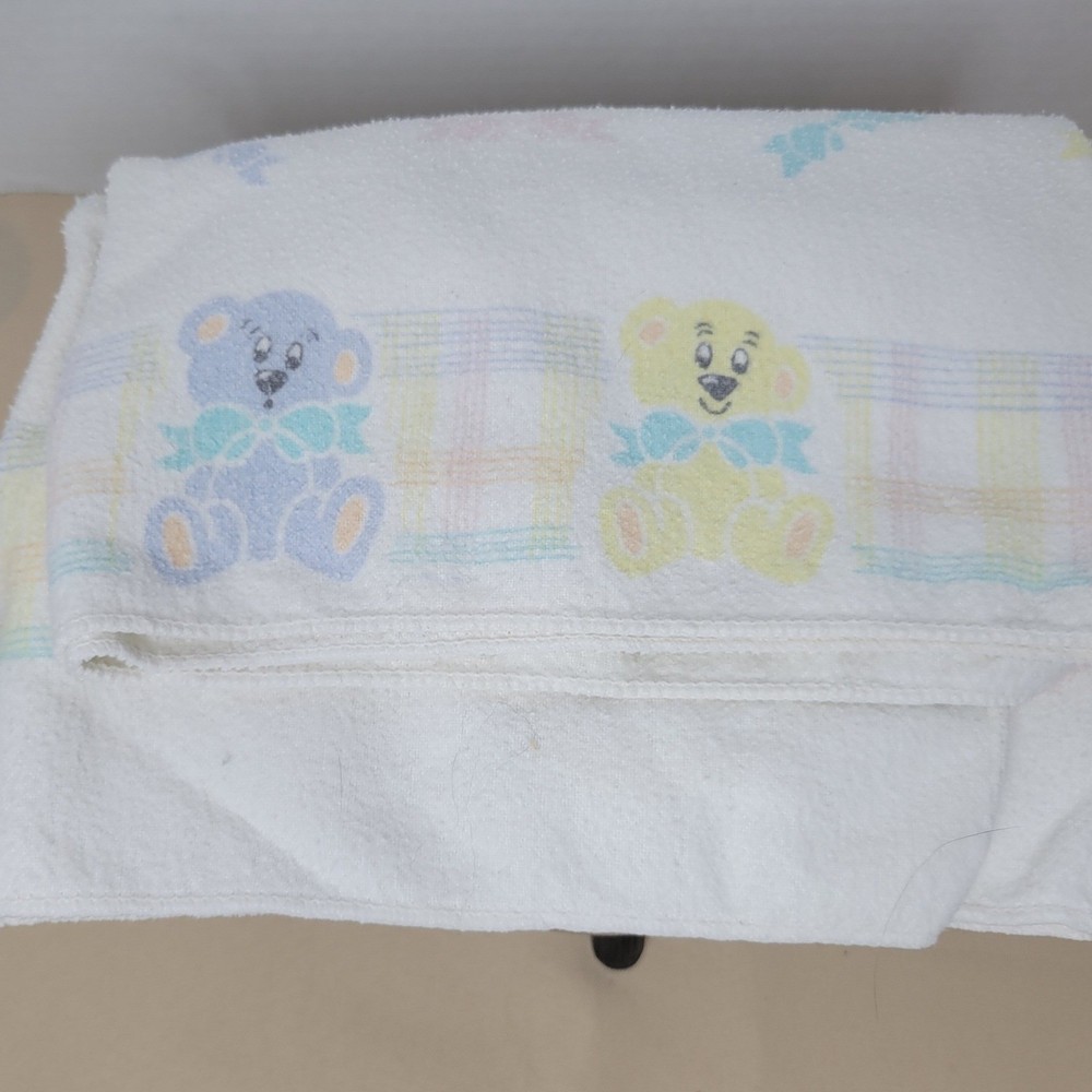 VINTAGE Baby Flannel Receiving Blanket White Teddy Bear Bows Pastel Hospital