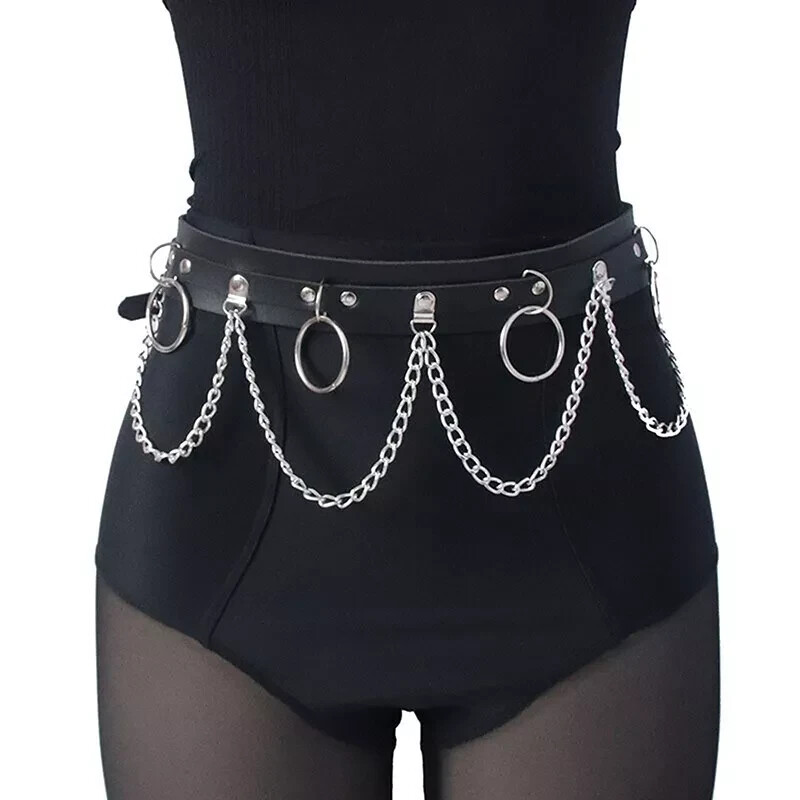 PUNK FAUX LEATHER BELT GOTHIC WAIST STRAP WITH METAL CHAIN & RING HARNESS