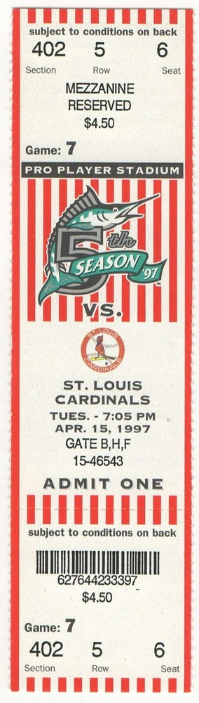 1997 MARLINS vs CARDINALS season ticket JACKIE ROBINSON number retired 4/15/97