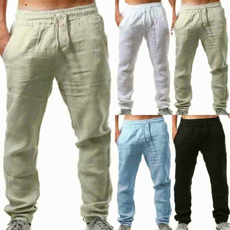 Men Cotton Linen Long Pants Summer Trousers Straight Beach Joggers Sweatpants