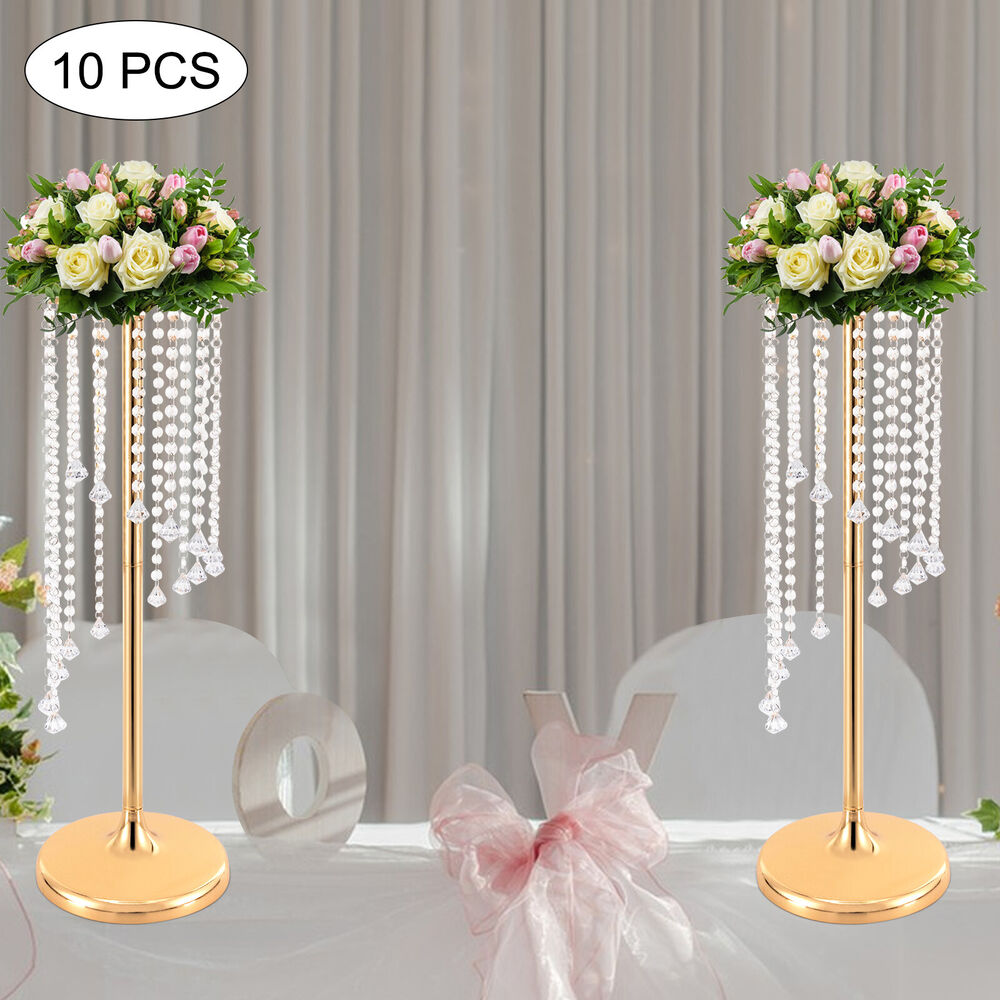 10Pcs 27.5 inch Tall Crystal Flower Vase For Wedding Centerpieces Gold Vases