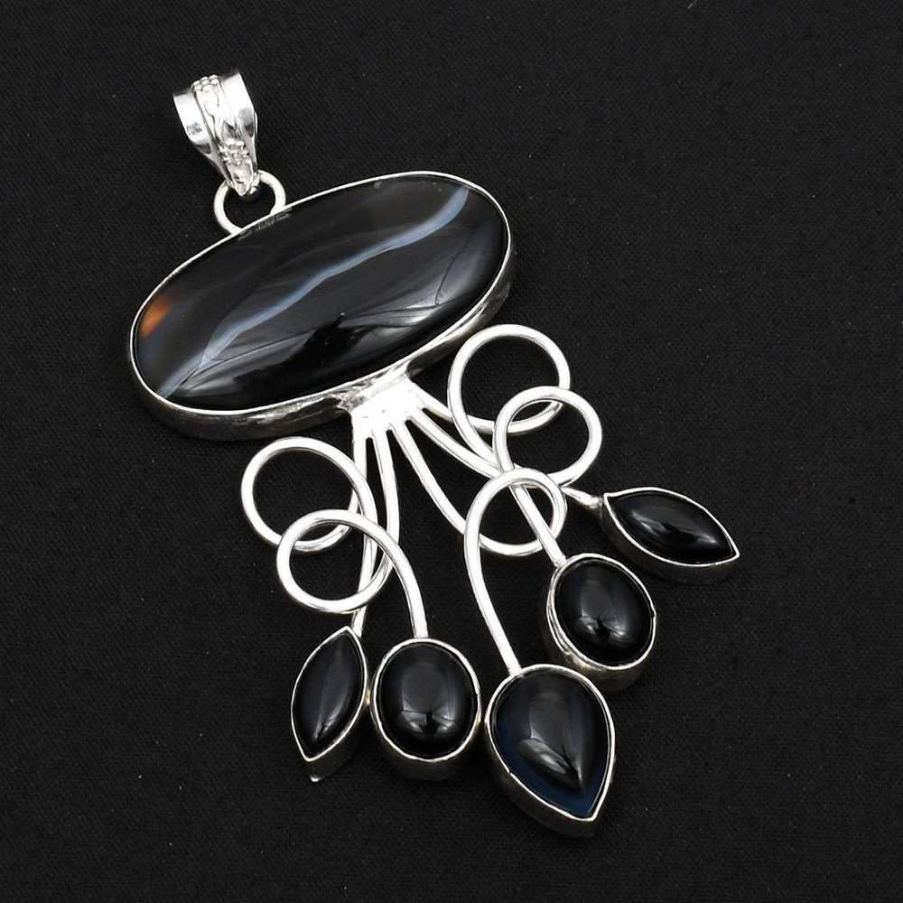 Botswana Agate Black Onyx Gemstone Ethnic Pendant Necklace Jewelry Gift 3.28 Inches AP-80221