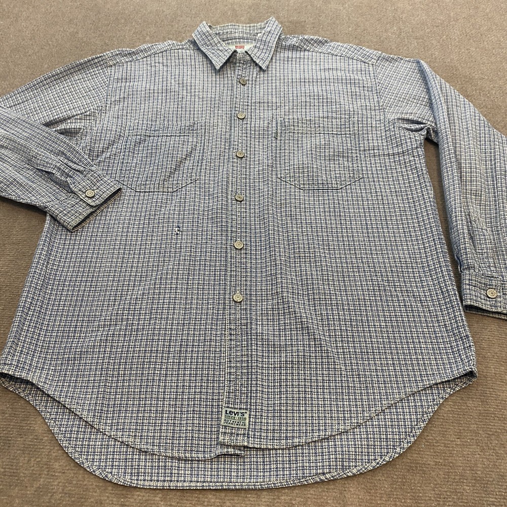 Vintage Levi's Denim Shirt Mens L Blue Aztec Striped Southwestern Distressed 90s