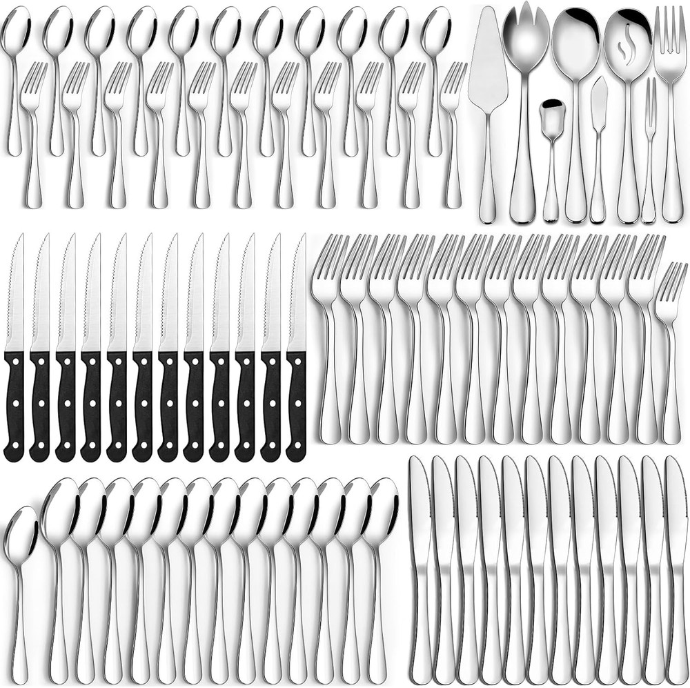 80-Piece Silverware Set with Serving Utensils by CEKEE in Sleek Silver