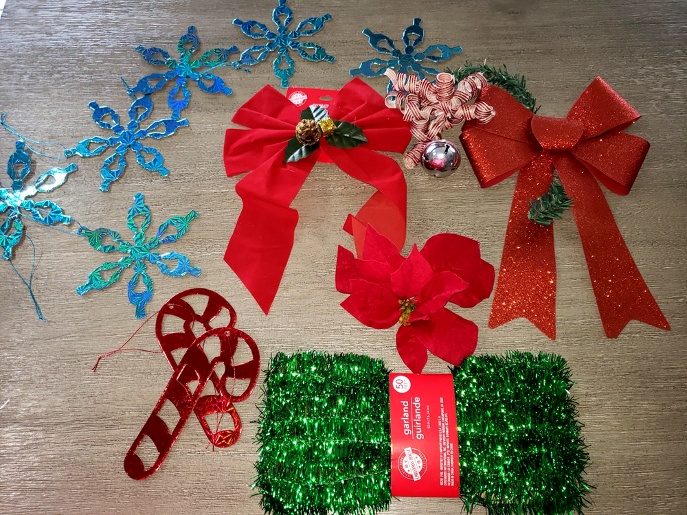 Christmas Decoration Lot with Red Velvet Bows, Ribbons, Bells & Snowflakes Garland