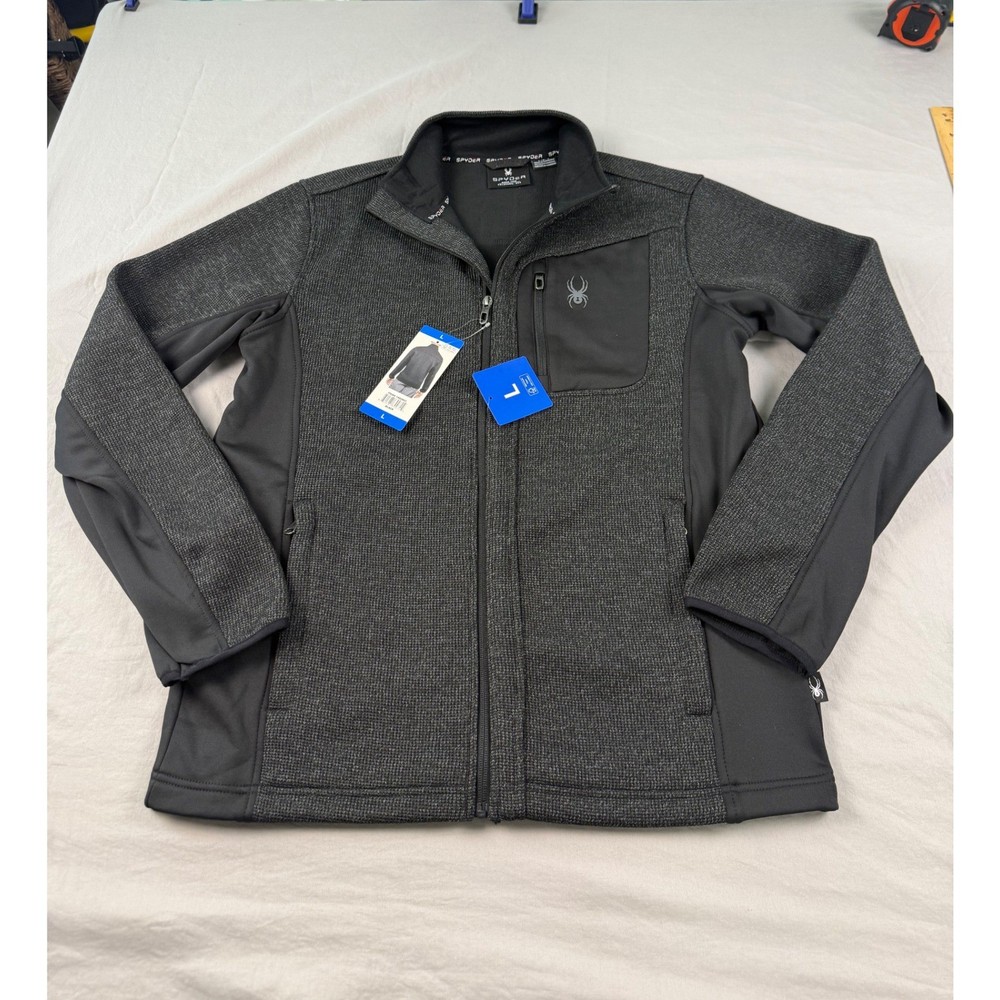 Spyder Mens Full Zip Fleece Jacket Black Gray Textured Knit 1900903 Large NWT