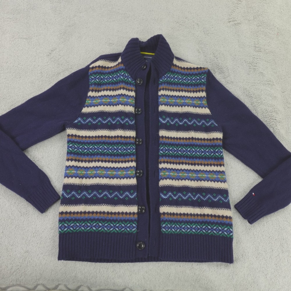 Tommy Hilfiger Navy Blue Multi Wool Fair Isle Cardigan Sweater for Men Size Large