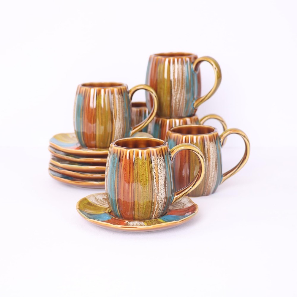 12-Piece Fine Porcelain Bronze Glazed Hand-Painted Tea Cup Set with Saucers