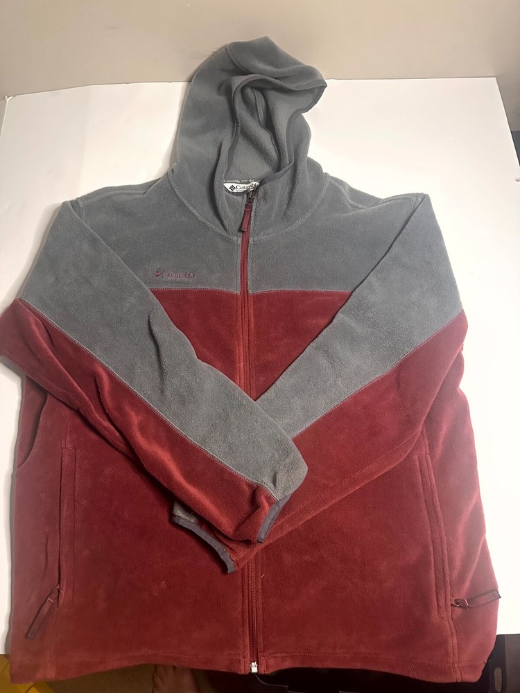Columbia Men's XL Fleece Jacket Gray Red Full Zip Hooded with Pockets