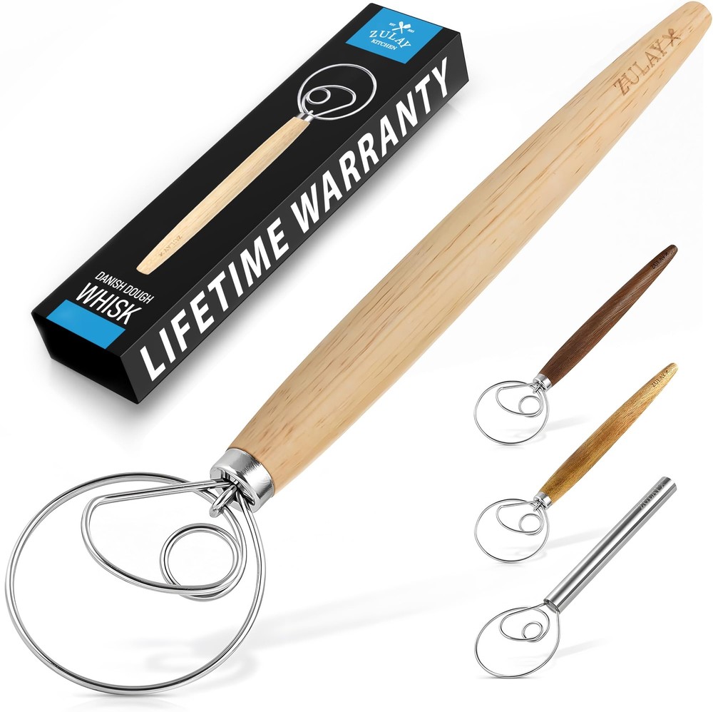 13-Inch Wooden Danish Dough Whisk with Stainless Steel Wires for Baking Bread and Pastry