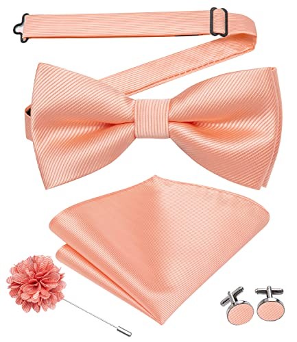 Peach pre-tied bow tie set with pocket square lapel pin and cufflinks for men