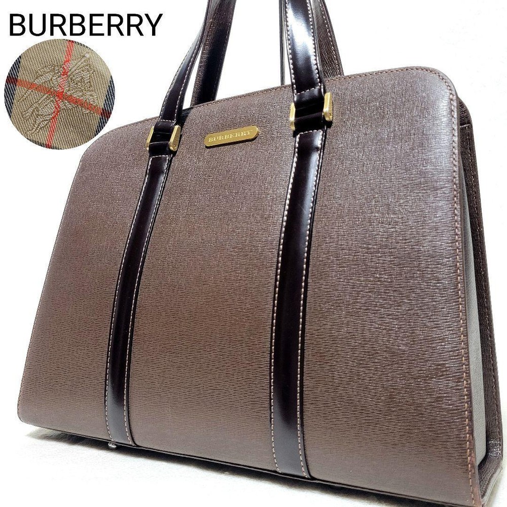 Burberry Handbag All Leather Plate Logo Nova Check Free Standing