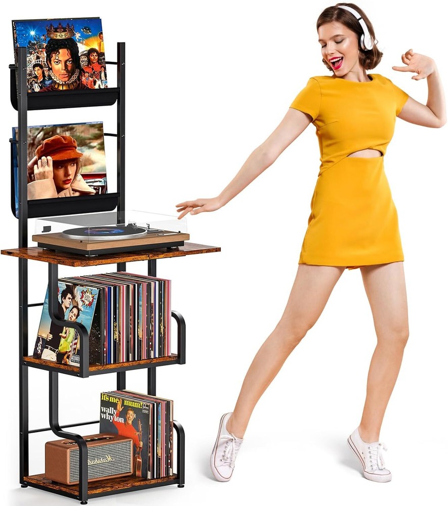 TJ.MOREE record player stand with vinyl record storage, can hold 210 albums,