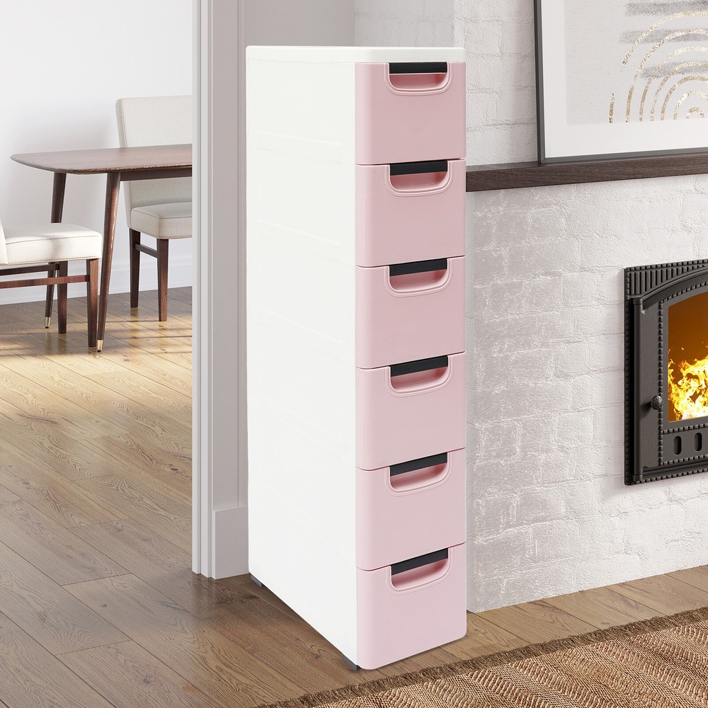 Light Pink 6-Drawer Narrow Storage Cabinet 35kg Capacity Freestanding