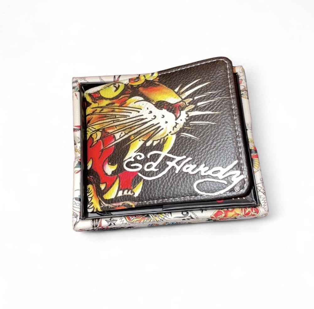 Ed Hardy Mens Tiger Bifold Wallet Multiple Card Slots ID Window & Box - NEW