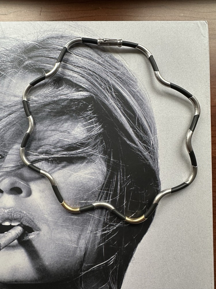 Italian Modernist Wave Necklace Sterling Silver & 18k Gold Made In Italy