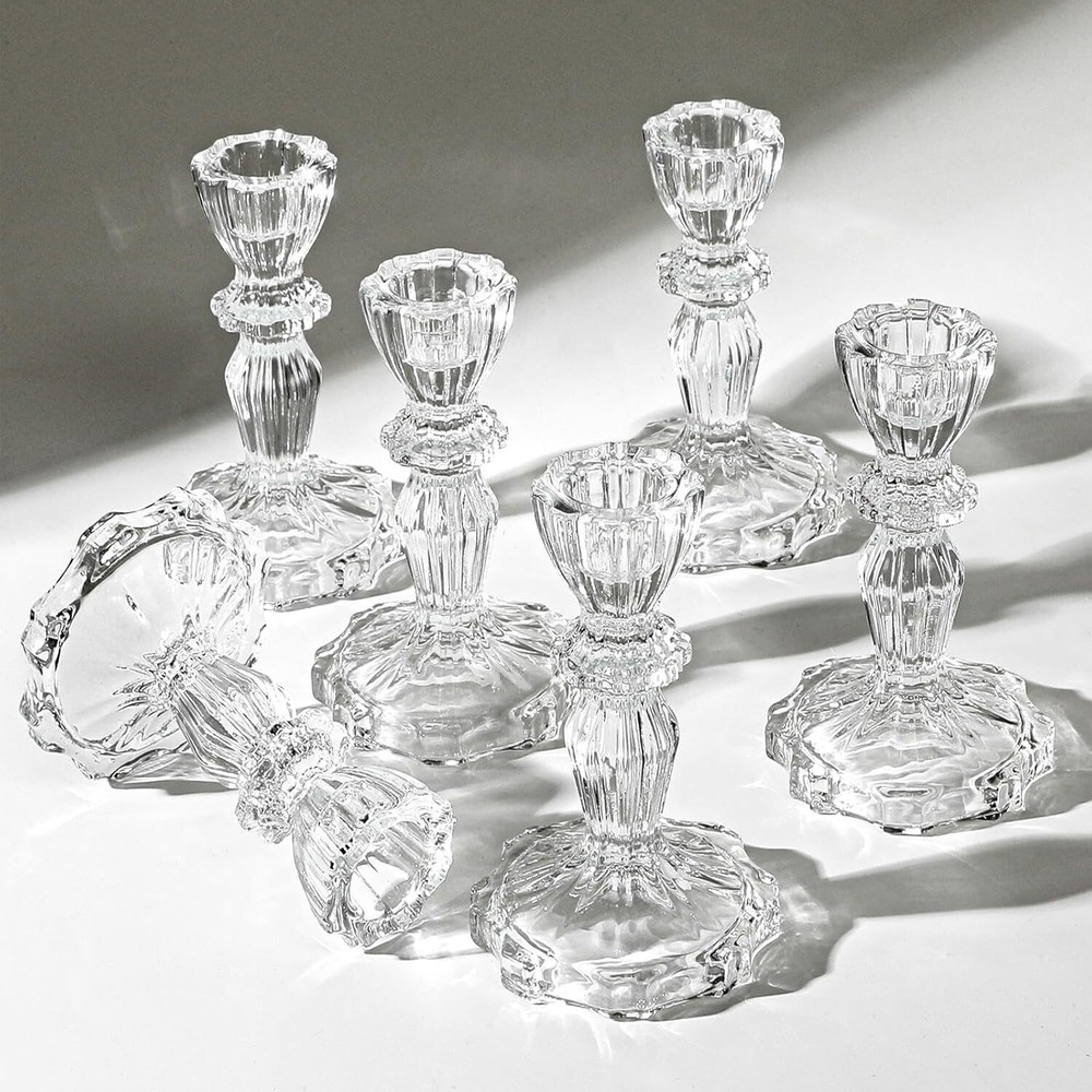 6 Clear Crystal Candle Holders for Glass Taper Holder Decor for Wedding Birthday
