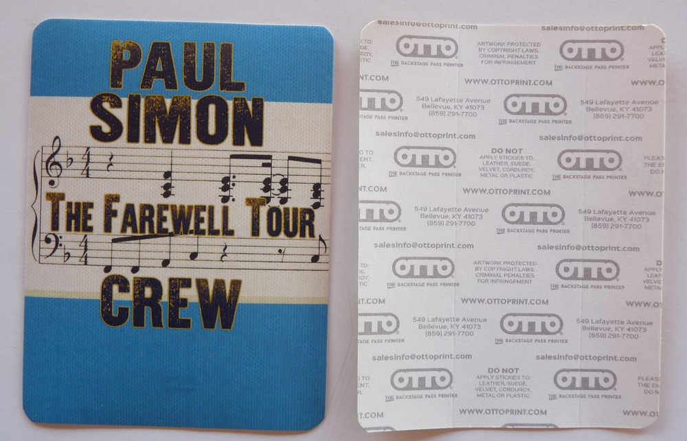 Paul Simon 2018 Farewell Tour Concert Tour Blue Crew Backstage Pass