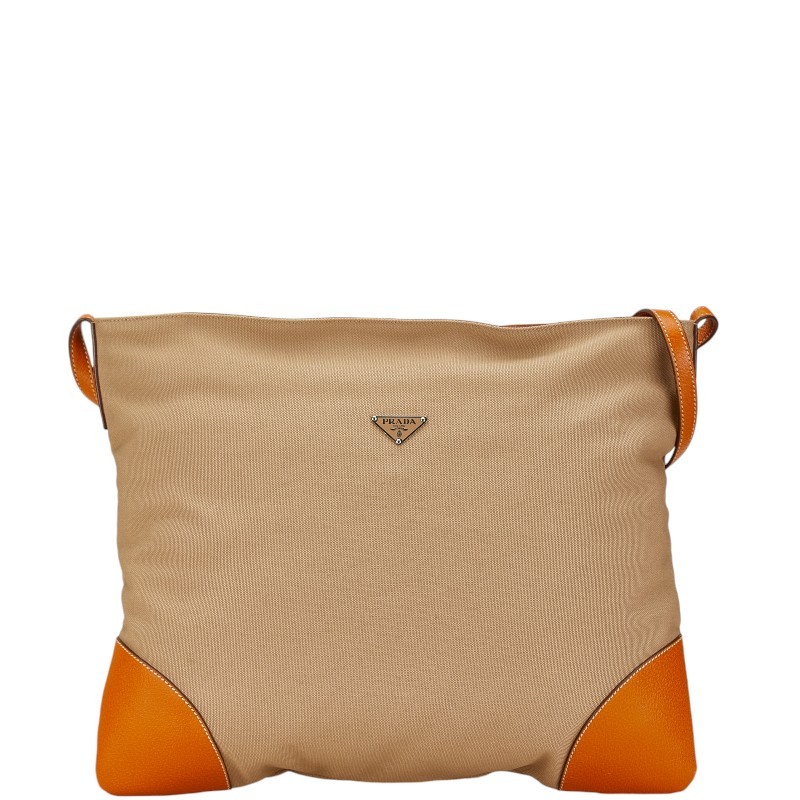 Prada Triangle Logo Crossbody Bag in Beige Brown Canvas & Leather  