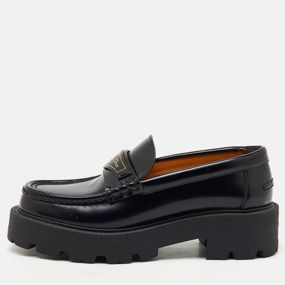 Dior Black Brushed Leather Boy Platform Loafers Size 37