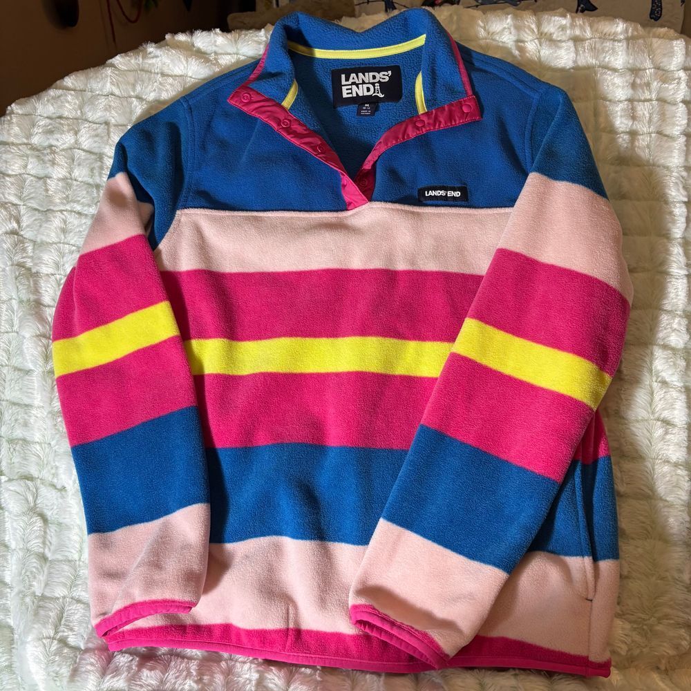 Lands' End Women's M Heritage Fleece Snap Neck Pullover Horizontal Pink Stripe
