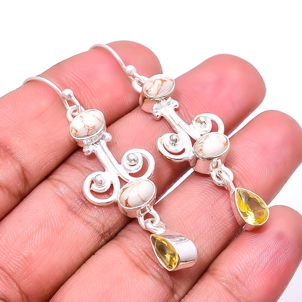 Copper White Turquoise Citrine Sterling Silver Earrings 2.15 Inches E27