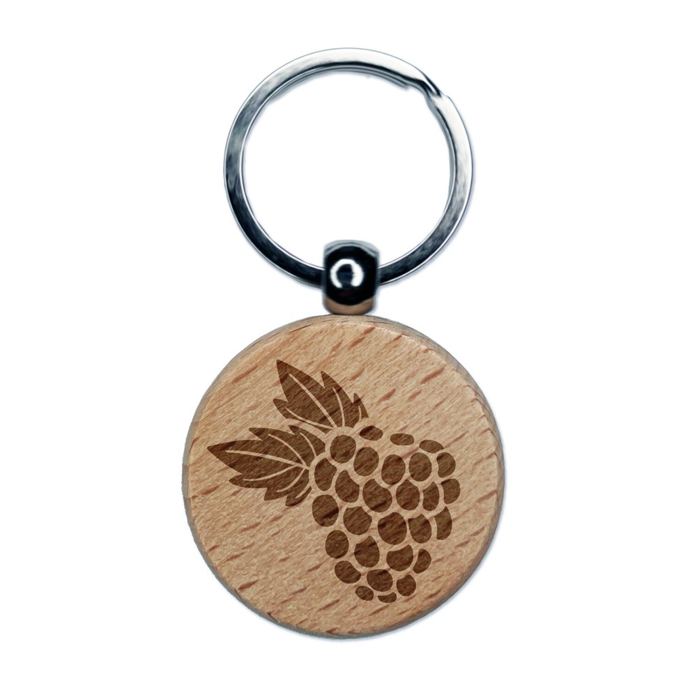 Raspberry Blackberry Fruit Engraved Wood Round Keychain Tag Charm