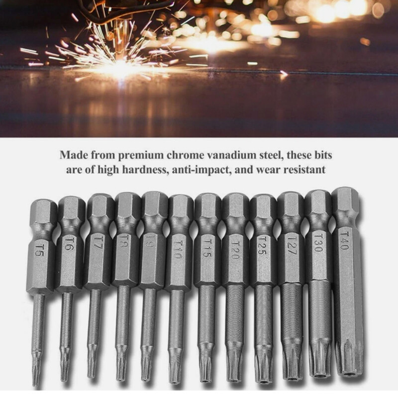 12PC Hex Shank Tamper-Proof Star Impact Driver Bit Set for Secure Fastening