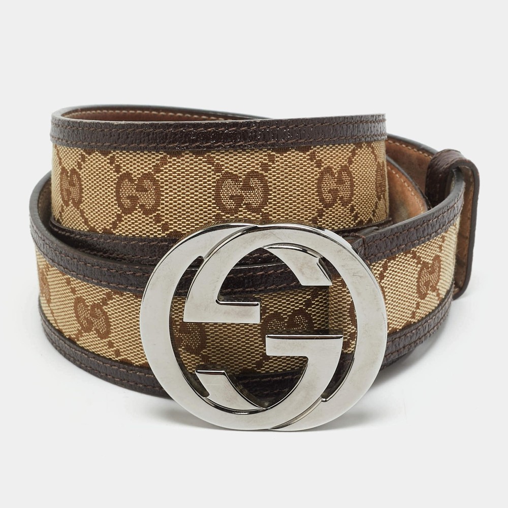 Gucci Interlocking G 95 CM Buckle Belt BeigeBrown GG Canvas and Leather