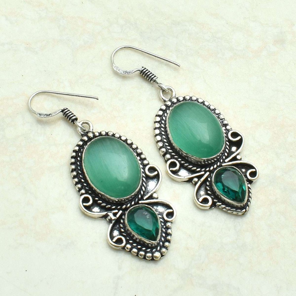 Cat Eye Apatite Handmade Drop Dangle Earrings Jewelry 2.56