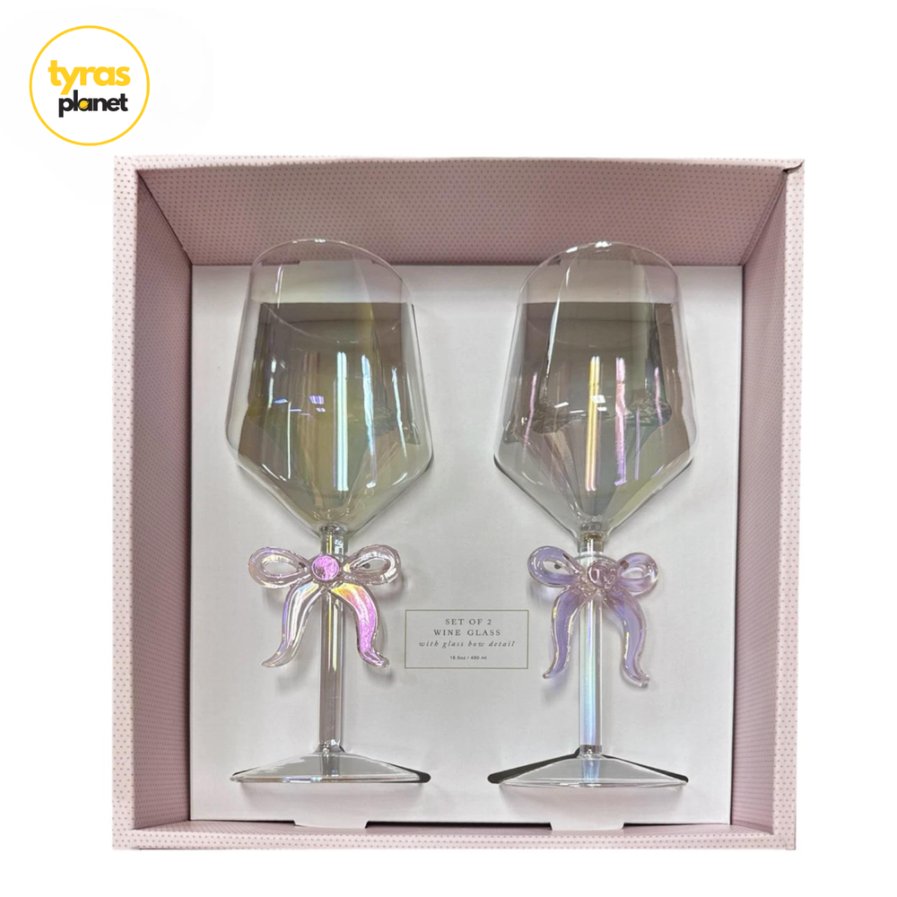 Coquette Pink Bow Wine Glasses 16.5oz Christmas Holiday Gift Set