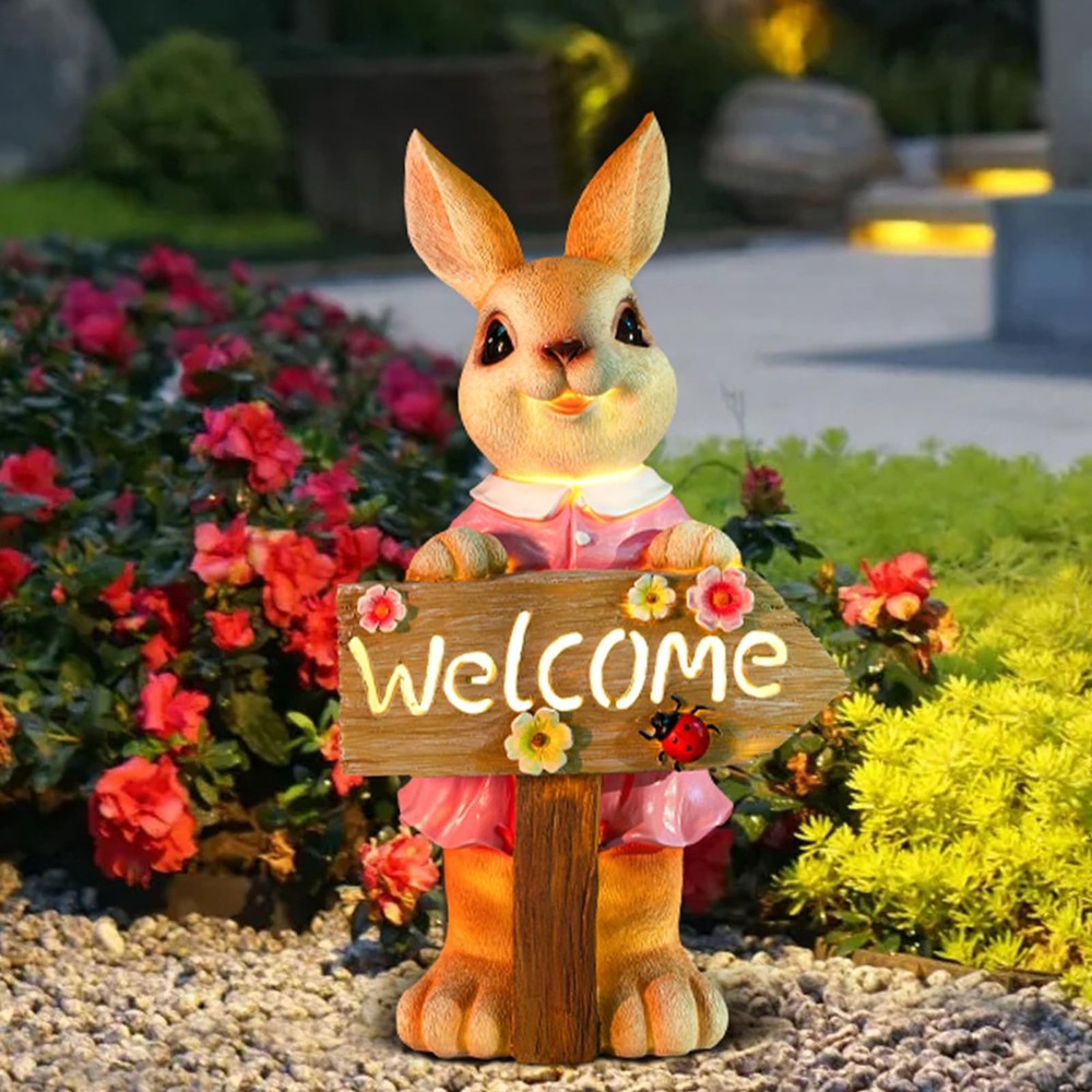 22 Inch Solar-Powered Large Resin Rabbit Statue Outdoor Garden Decor Standing Bunny Sculpture