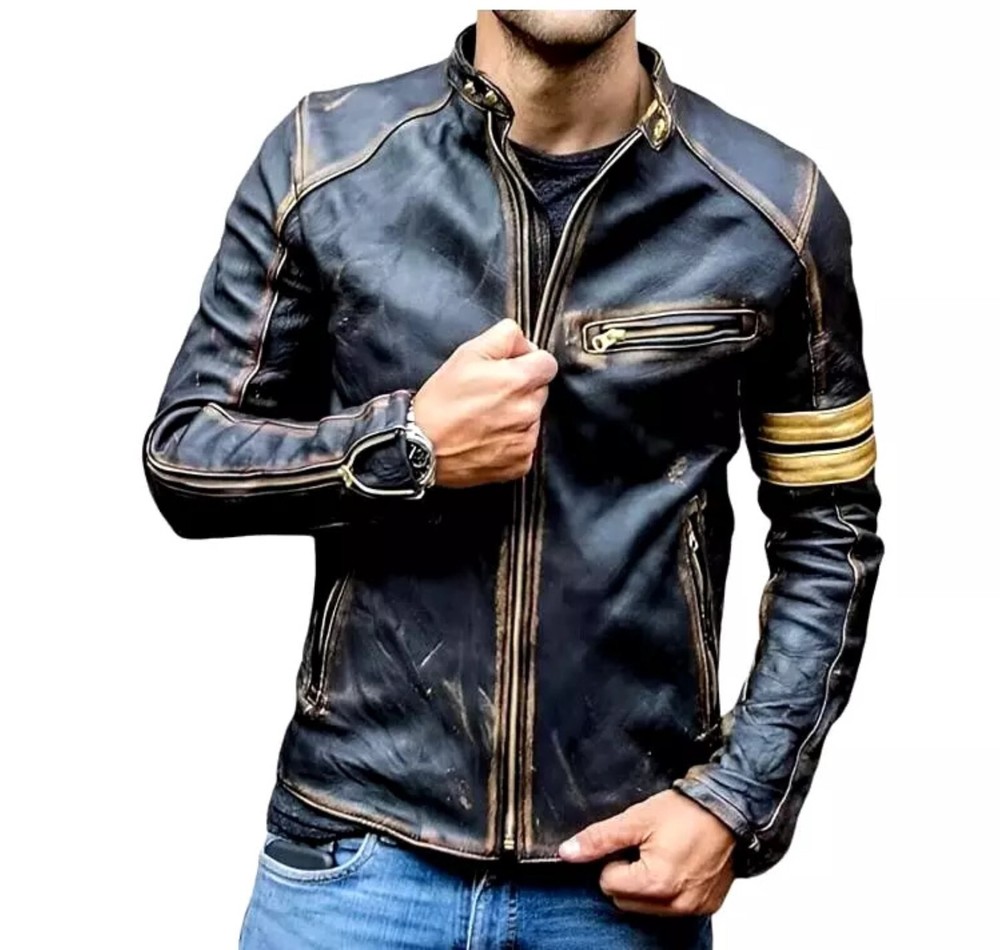 Black Distressed Lambskin Cafe Racer Biker Jacket for Men