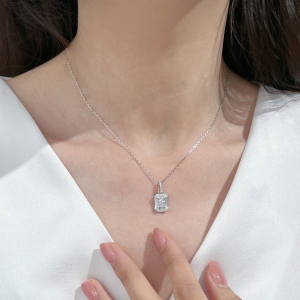 Sterling Silver Art Deco Rectangle Shield Pendant Necklace CZ Dainty 17